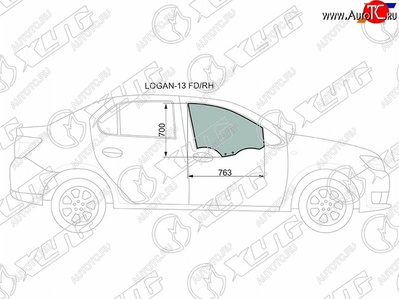 2 599 р. Стекло боковое опускное (Спереди Справа Цвет зеленый) Renault Logan 14-22  Sandero 14-22  Dacia XYG LOGAN-13 FD/RH  с доставкой в г. Пермь