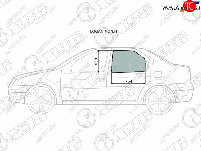 2 569 р. Стекло боковое опускное (Сзади Слева Цвет зеленый) Renault Logan 04-16  Dacia Logan 04-08 XYG LOGAN RD/LH  с доставкой в г. Пермь