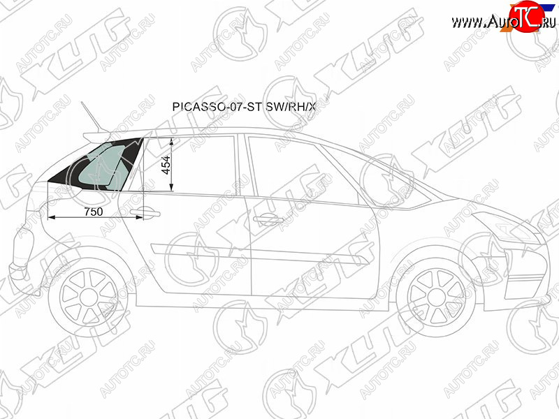 1 059 р. Стекло кузова боковое (не опускное) (Справа Цвет зеленый) Citroen C4 Picasso 07-14 XYG PICASSO-07-ST SW/RH/X  с доставкой в г. Пермь