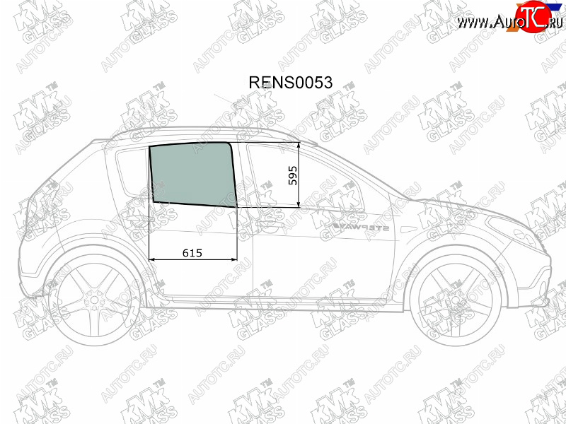 2 199 р. Стекло боковое опускное (Сзади Справа Цвет зеленый) Renault Sandero 09-14  Dacia Sandero 08-12  KMK RENS0053  с доставкой в г. Пермь