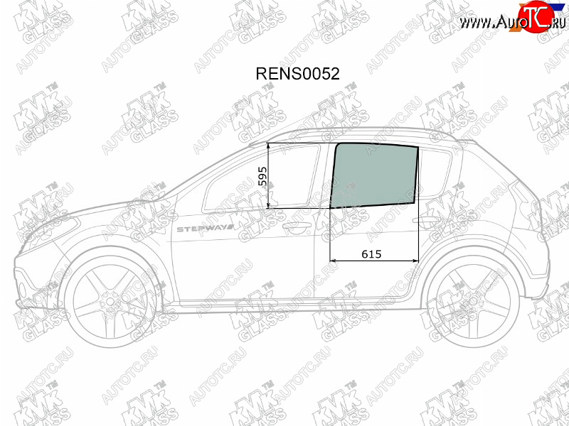 2 199 р. Стекло боковое опускное (Сзади Слева Цвет зеленый) Renault Sandero 09-14  Dacia Sandero 08-12  R KMK RENS0052  с доставкой в г. Пермь