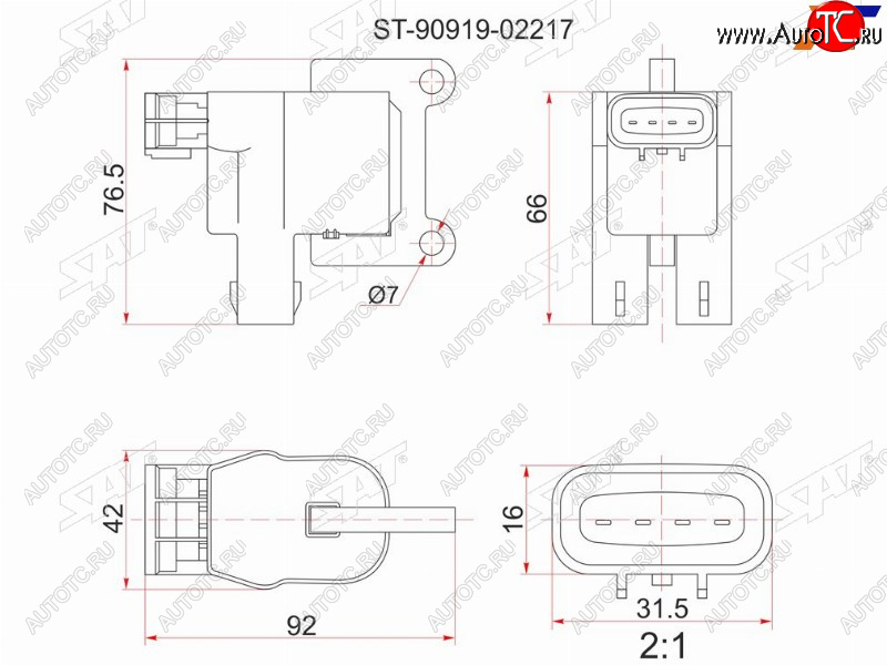 1 399 р. Катушка зажигания TOYOTA 3S5S-FE (№1) 96- ST19#ST21#ST20#SV4#SV55SXV2#SXM1#SXN1#SXU1#SXA1# SAT ST-90919-02217  с доставкой в г. Пермь