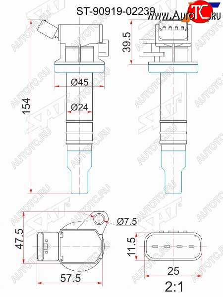 1 099 р. Катушка зажигания TOYOTA 1ZZ-FE 00- ZZE12#ZZT24#ZZV50ZCT10ZCA2#1KR-FE 04- KSP9#KGC1#3SG-G# SX SAT ST-90919-02239  с доставкой в г. Пермь