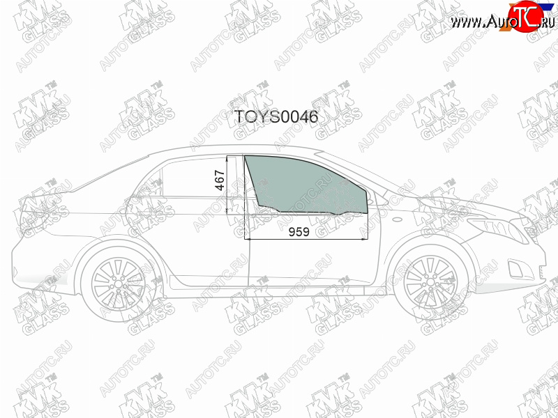 2 349 р. Стекло боковое опускное (Спереди Справа Цвет зеленый) Toyota Corolla (E150) 06-13  Corolla USA (E KMK TOYS0046  с доставкой в г. Пермь
