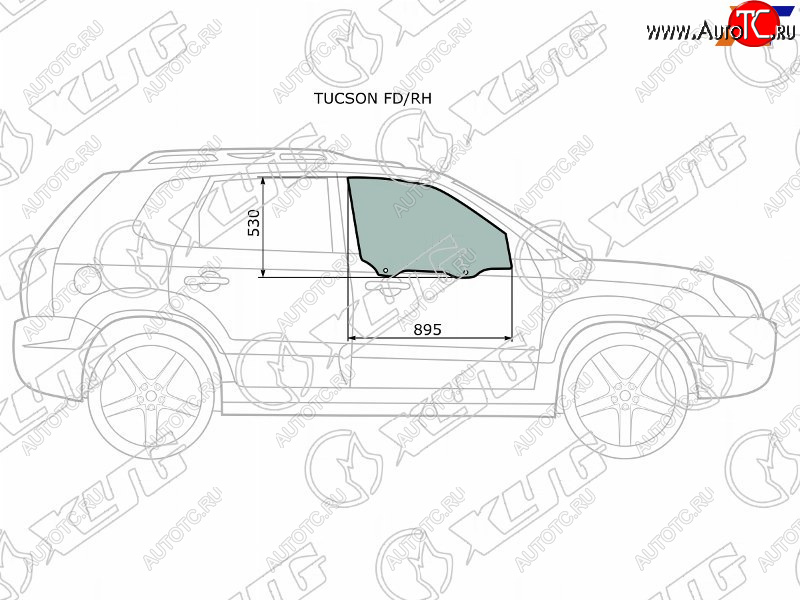 2 789 р. Стекло боковое опускное (Спереди Справа Цвет зеленый) Hyundai Tucson 04-09 XYG TUCSON FD/RH  с доставкой в г. Пермь
