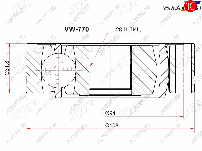1 459 р. Шрус внутренний VOLKSWAGEN TRANSPORTER T5 03- SAT VW-770  с доставкой в г. Пермь