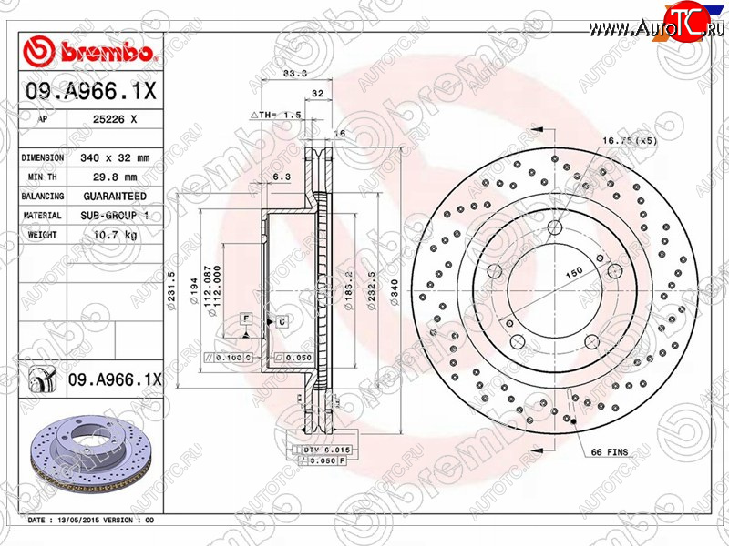 11 749 р. Тормозной передний диск (Ø340) BREMBO  Lexus LX570 J200 дорестайлинг (2007-2012)  с доставкой в г. Пермь