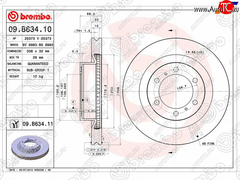 15 899 р. Диск тормозной передний Ø338 BREMBO Toyota Land Cruiser Prado J150 дорестайлинг (2009-2013)  с доставкой в г. Пермь