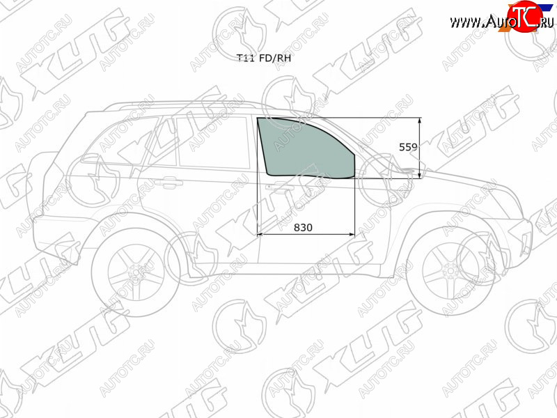 2 599 р. Стекло боковое опускное (Спереди Справа Цвет зеленый) Chery Tiggo T11 05-16  Vortex Tingo 10-14 XYG T11 FD/RH  с доставкой в г. Пермь
