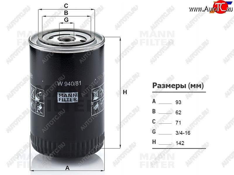 1 039 р. Фильтр масляный TOYOTA L,3L,2L,2LT,3V,4V,4,5VEU,4VU,2B,3B,11B,13B,2J,1FZFE -99 MANN W940/81  с доставкой в г. Пермь