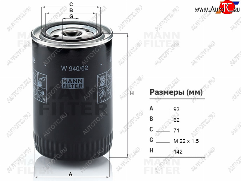 1 079 р. Фильтр масляный IVECO DAILY 99-MITSUBISHI FUSO CANTER 09-12CITROEN JUMPER 02-06 MANN W940/62  с доставкой в г. Пермь
