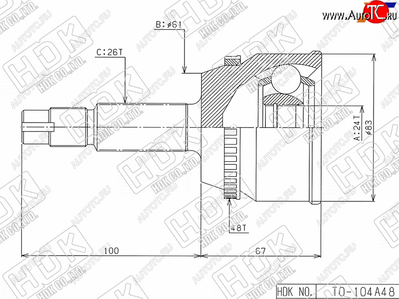 4 999 р. Шрус наружный TOYOTA CAMRY ACV3#ACV4# 2AZ-FE (USA) 01- HDK TO-104A48  с доставкой в г. Пермь