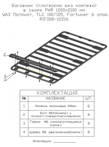 20 899 р. Багажник (платформа без крепежа) в сборе РИФ 1200x2100 мм УАЗ Патриот, TLC 80100105, Fortuner 6 опор. РИФ-обвес rif008-12216  с доставкой в г. Пермь. Увеличить фотографию 2