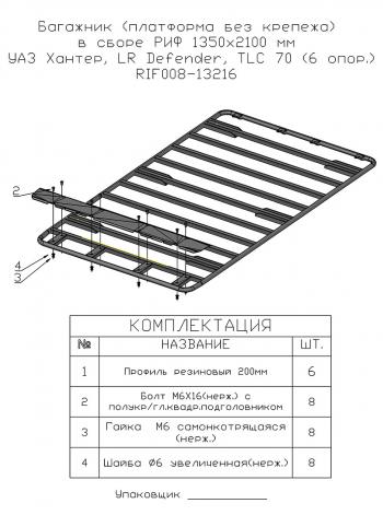 24 919 р. Багажник (платформа без крепежа) РИФ1350x2100 мм УАЗ Хантер, LR Defender, TLC 70 (6 опор.) РИФ-обвес rif008-13216  с доставкой в г. Пермь. Увеличить фотографию 3