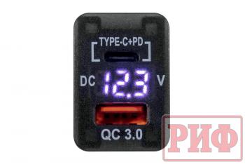 1 779 р. Розетка USB Type C, QC 3.0 с вольтметром для Toyota 32x20 РИФ rif22-4-1013400  с доставкой в г. Пермь. Увеличить фотографию 3