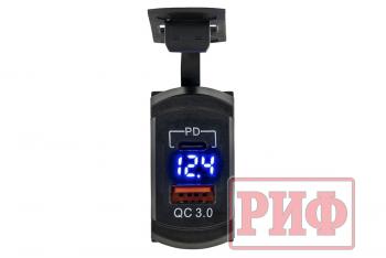 1 699 р. Розетка USB Type PD, QC 3.0 с вольтметром, синяя подсветка РИФ rif22-4-41480  с доставкой в г. Пермь. Увеличить фотографию 4