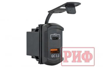 1 699 р. Розетка USB Type PD, QC 3.0 с вольтметром, синяя подсветка РИФ rif22-4-41480  с доставкой в г. Пермь. Увеличить фотографию 1