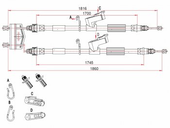 Трос ручного тормоза SAT Ford Focus 2  седан дорестайлинг (2004-2008) (дисковые тормоза)