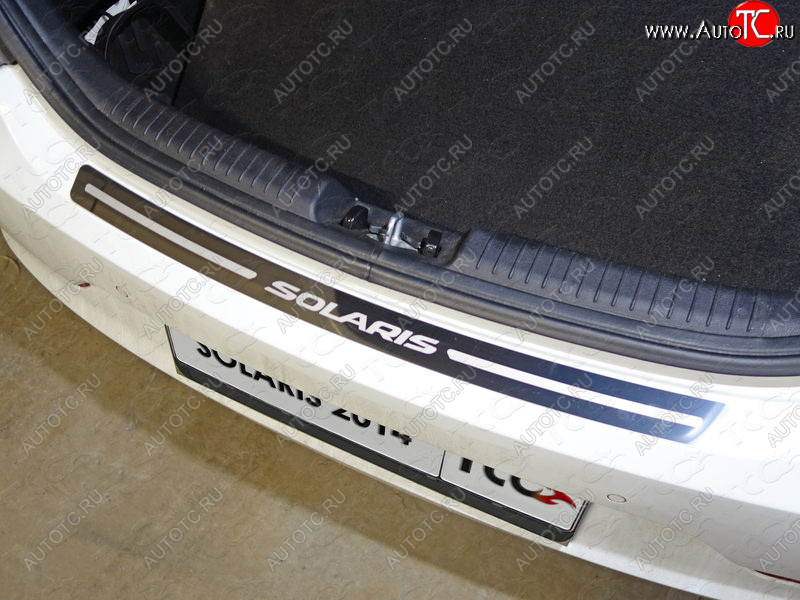 1 000 000 р. Накладка на задний бампер ТСС Тюнинг  Hyundai Solaris  RBr (2014-2017) хэтчбэк рестайлинг (лист зеркальный с надписью Solaris)  с доставкой в г. Пермь