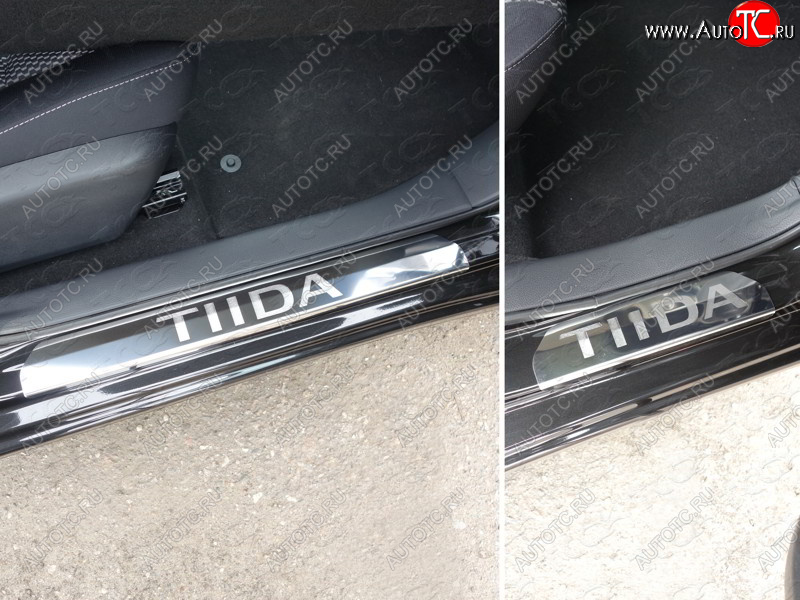 1 000 000 р. Накладки на пороги ТСС Тюнинг  Nissan Tiida  2 хэтчбек (2015-2016) C13 дорестайлинг (лист зеркальный надпись Tiida)  с доставкой в г. Пермь