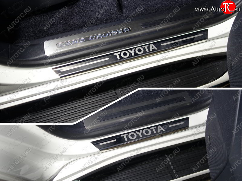 1 000 000 р. Накладки на порожки салона с гибом ТСС Тюнинг  Toyota Land Cruiser  200 (2015-2021) 2-ой рестайлинг (лист зеркальный надпись Toyota)  с доставкой в г. Пермь
