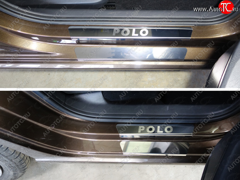 1 000 000 р. Накладки на пороги внешние и внутренние (8 шт) ТСС Тюнинг  Volkswagen Polo  5 (2015-2020) седан рестайлинг, хэтчбек рестайлинг (лист зеркальный надпись Polo)  с доставкой в г. Пермь