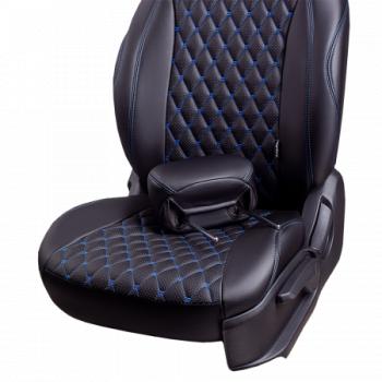 13 949 р. Комплект чехлов для сидений (к. Elegance РЗСиС 60/40+подлок. 2П+1Г Орегон) БАЙРОН ст БАЙРОН Lord Autofashion  Nissan X-trail  1 T30 (2000-2007) дорестайлинг, рестайлинг (черный, вставка черная, строчка синяя)  с доставкой в г. Пермь. Увеличить фотографию 2
