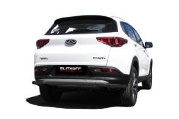 Защита заднего бампера уголки d57 Slitkoff Chery Tiggo 7 (2016-2020) (нержавейка с полимерным покрытием в цвет черный)
