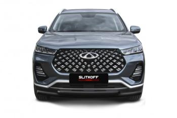 Защита переднего бампера d57 + d42 Slitkoff Chery Tiggo 7 PRO (2019-2025) (нержавейка с полимерным покрытием в цвет черный)