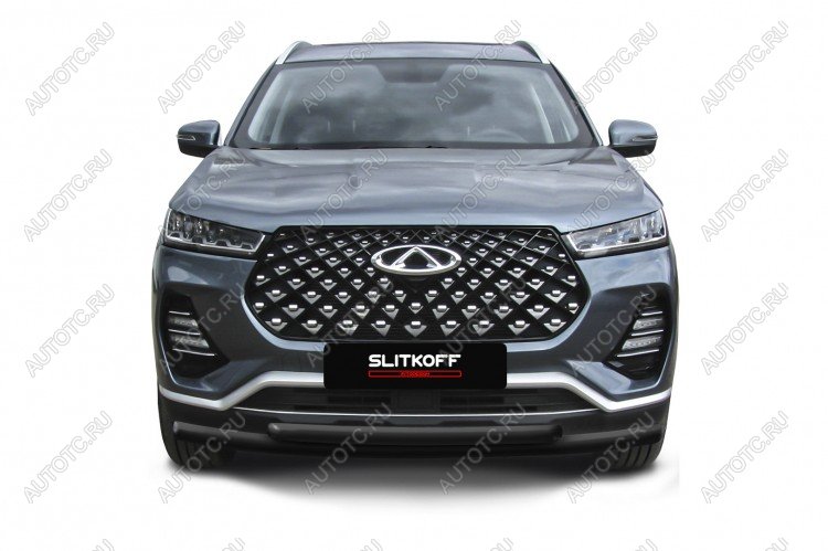 13 899 р. Защита переднего бампера d57 + d42 Slitkoff  Chery Tiggo 7 PRO (2019-2025) (нержавейка с полимерным покрытием в цвет черный)  с доставкой в г. Пермь