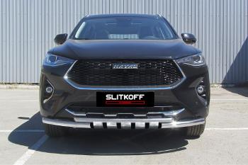 Защита переднего бампера d57+d42 двойная с декоративными элементами Slitkoff Haval F7  дорестайлинг (2018-2022) (нержавейка с полимерным покрытием в цвет черный)