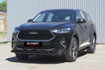 Защита переднего бампера d57 + d42 Slitkoff Haval F7  дорестайлинг (2018-2022) (нержавейка с полимерным покрытием в цвет черный)
