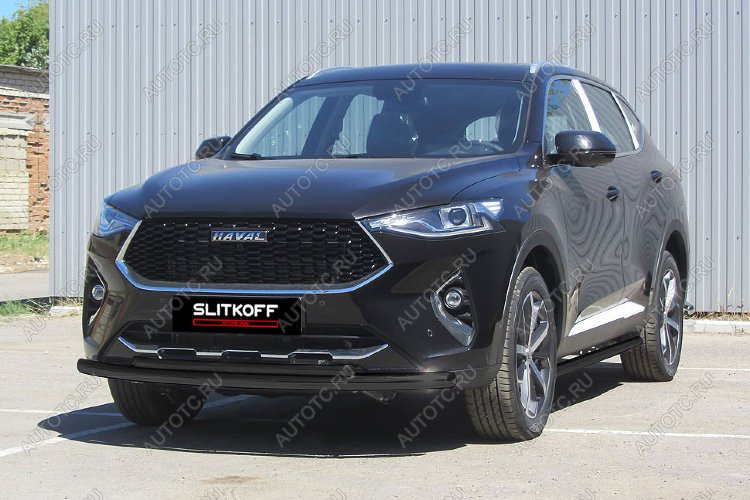 13 899 р. Защита переднего бампера d57 + d42 Slitkoff Haval F7  дорестайлинг (2018-2022) (нержавейка с полимерным покрытием в цвет черный)  с доставкой в г. Пермь