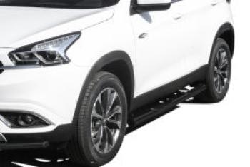 Защита порогов d76 с проступями Slitkoff Haval F7  дорестайлинг (2018-2022) (нержавейка с полимерным покрытием в цвет черный)