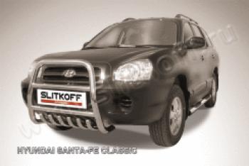 Защита переднего бампера кенгурятник d57 высокий с защитой картера Sitkoff Hyundai Santa Fe SM (2000-2012) (нержавейка с полимерным покрытием в цвет черный)
