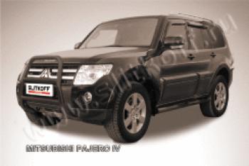 Защита переднего бампера кенгурятник d57 высокий с защитой картера Slitkoff Mitsubishi Pajero ( 4 V90,  4 V80) (2006-2020) дорестайлинг, 1-ый рестайлинг, 3 дв. 1-ый рестайлинг, 2-ой рестайлинг (нержавейка с полимерным покрытием в цвет черный)