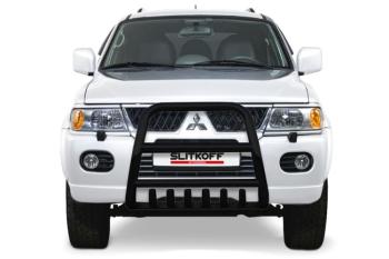 Защита переднего бампера кенгурятник d57 высокий с защитой картера Slitkoff Mitsubishi Pajero Sport  PA (2004-2008) рестайлинг (нержавейка с полимерным покрытием в цвет черный)
