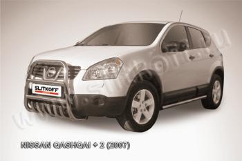 Защита переднего бампера кенгурятник d57 высокий с защитой картера Slitkoff Nissan Qashqai +2  1 (2008-2010) J10 дорестайлинг (нержавейка с полимерным покрытием в цвет черный)