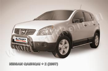 Защита переднего бампера кенгурятник d57 низкий с защитой картера Slitkoff Nissan Qashqai +2  1 (2008-2010) J10 дорестайлинг (нержавейка с полимерным покрытием в цвет черный)
