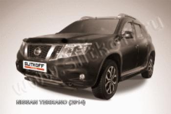 Защита переднего бампера d42+d42 двойная Slitkoff Nissan Terrano D10 рестайлинг (2016-2022) (нержавейка с полимерным покрытием в цвет черный)