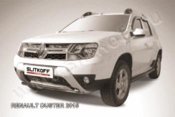 Защита переднего бампера d42+d42 двойная Slitkoff Renault Duster HS рестайлинг (2015-2021) (нержавейка с полимерным покрытием в цвет черный)