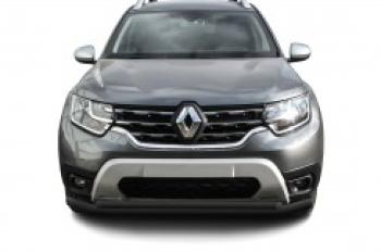 Защита переднего бампера d57+d42 двойная Slitkoff Renault Duster  HM (2021-2024) рестайлинг (нержавейка с полимерным покрытием в цвет черный)