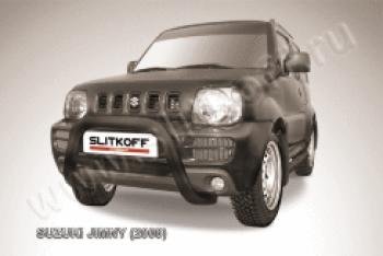 Защита переднего бампера кенгурятник d76 низкий Slitkoff Suzuki Jimny  JB23/JB43 (1998-2018) дорестайлинг, 1-ый рестайлинг, 2-ой рестайлинг (нержавейка с полимерным покрытием в цвет черный)