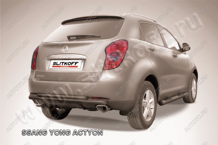 11 599 р. Защита заднего бампера d57+d42 двойная длинная Slitkoff  SSANGYONG Actyon (2010-2013) дорестайлинг (нержавейка с полимерным покрытием в цвет черный)  с доставкой в г. Пермь