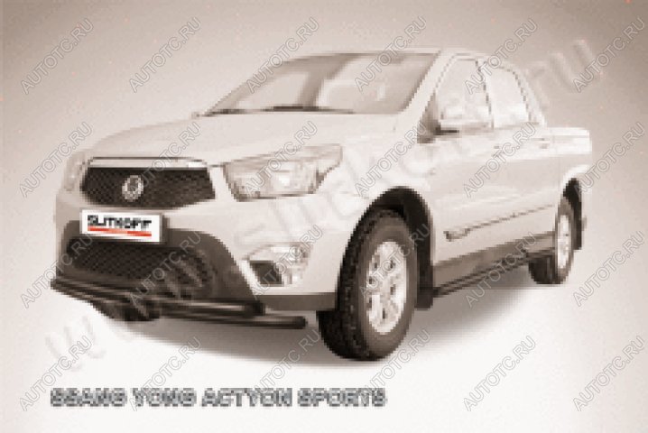 13 999 р. Защита переднего бампера d57+d57 двойная радиусная Slitkoff  SSANGYONG Actyon Sport (2012-2025) (нержавейка с полимерным покрытием в цвет черный)  с доставкой в г. Пермь