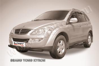 Защита переднего бампера d57+d57 двойная Slitkoff SSANGYONG Kyron (2007-2016) рестайлинг (нержавейка с полимерным покрытием в цвет черный)
