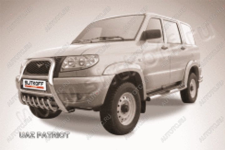 29 999 р. Защита переднего бампера кенгурятник d76 высокий с защитой картера Slitkoff  Уаз Патриот  3163 5 дв. (2005-2013) дорестайлинг (нержавейка с полимерным покрытием в цвет черный)  с доставкой в г. Пермь