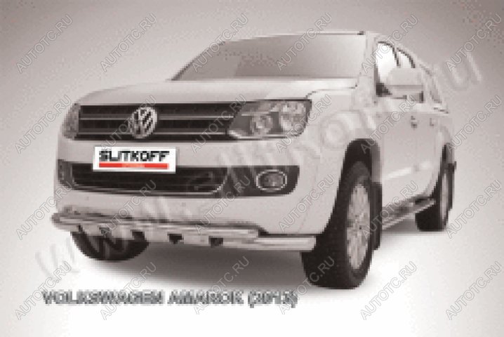 24 649 р. Защита переднего бампера d76+d57 двойная с профильной ЗК Slitkoff  Volkswagen Amarok (2009-2016) дорестайлинг (нержавейка с полимерным покрытием в цвет черный)  с доставкой в г. Пермь