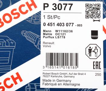1 089 р. Фильтр масляный VOLVO F7,FH12,FH16 BOSCH BOSCH 0451403077  с доставкой в г. Пермь. Увеличить фотографию 4