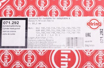 3 799 р. Прокладка головки блока RENAULT Clio,Kangoo,Logan,Megane (K4M,K4J) ELRING ELRING 071.292  с доставкой в г. Пермь. Увеличить фотографию 3